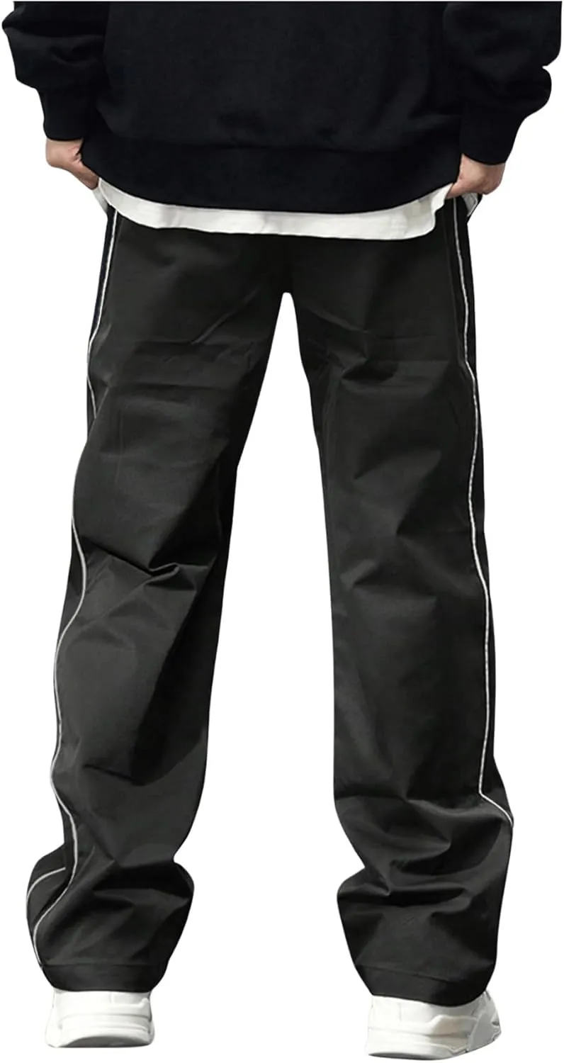 OYOANGLE Men's Letter Patched Drawstring Waisted Cargo Pants Seam Side Loose Fit Sports Joggers