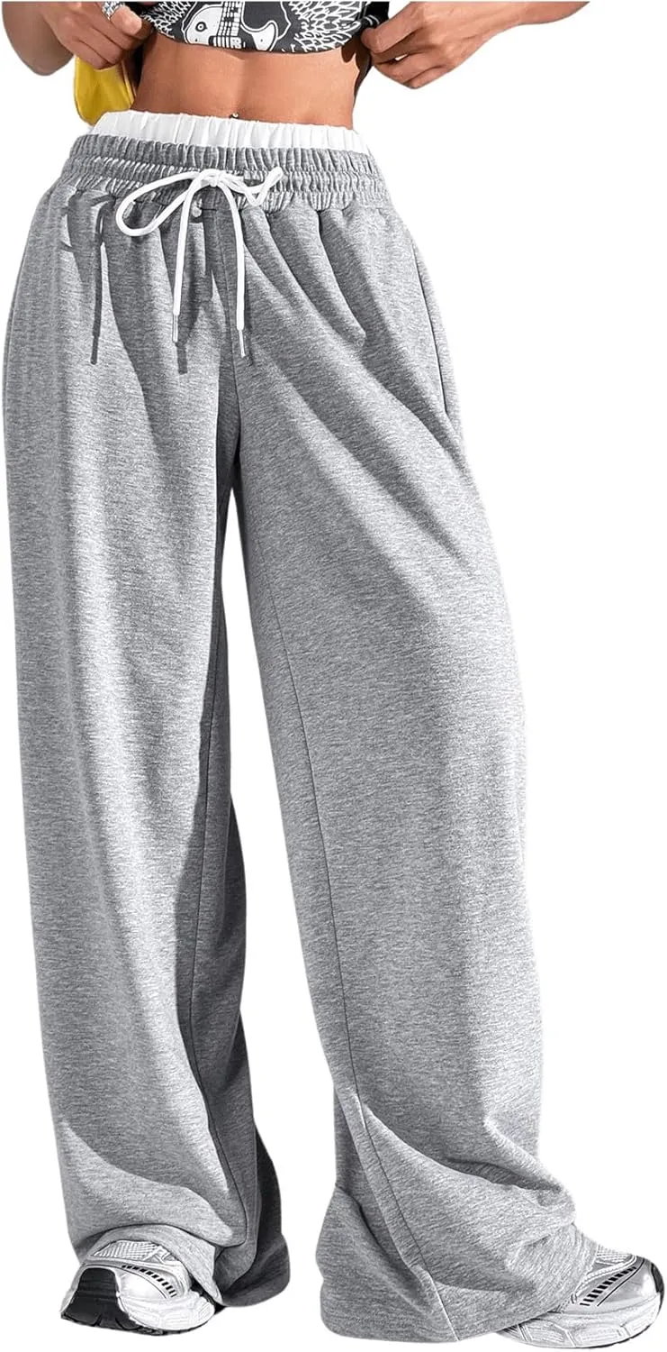 OYOANGLE Women's Drawstring Elastic Waist Straight Leg Long Pants Loose Casual Athletic Trousers Sweatpants