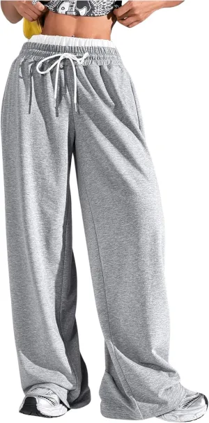 OYOANGLE Women's Drawstring Elastic Waist Straight Leg Long Pants Loose Casual Athletic Trousers Sweatpants