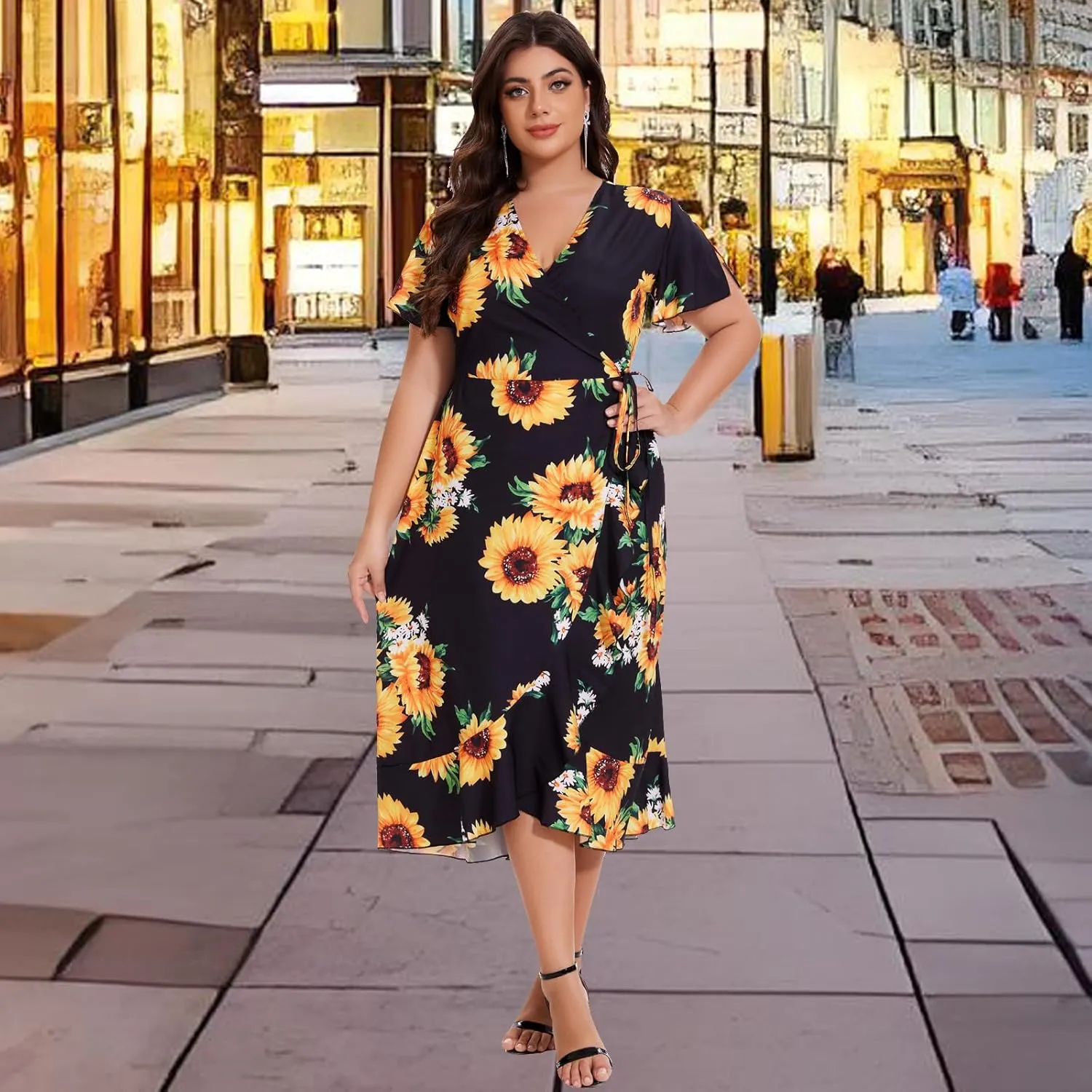 PaladMom Women's Casual Faux Wrap Maxi Dresses V Neck Short Sleeve Swing Flowy Ruffle Long Kimono Dress with Belt