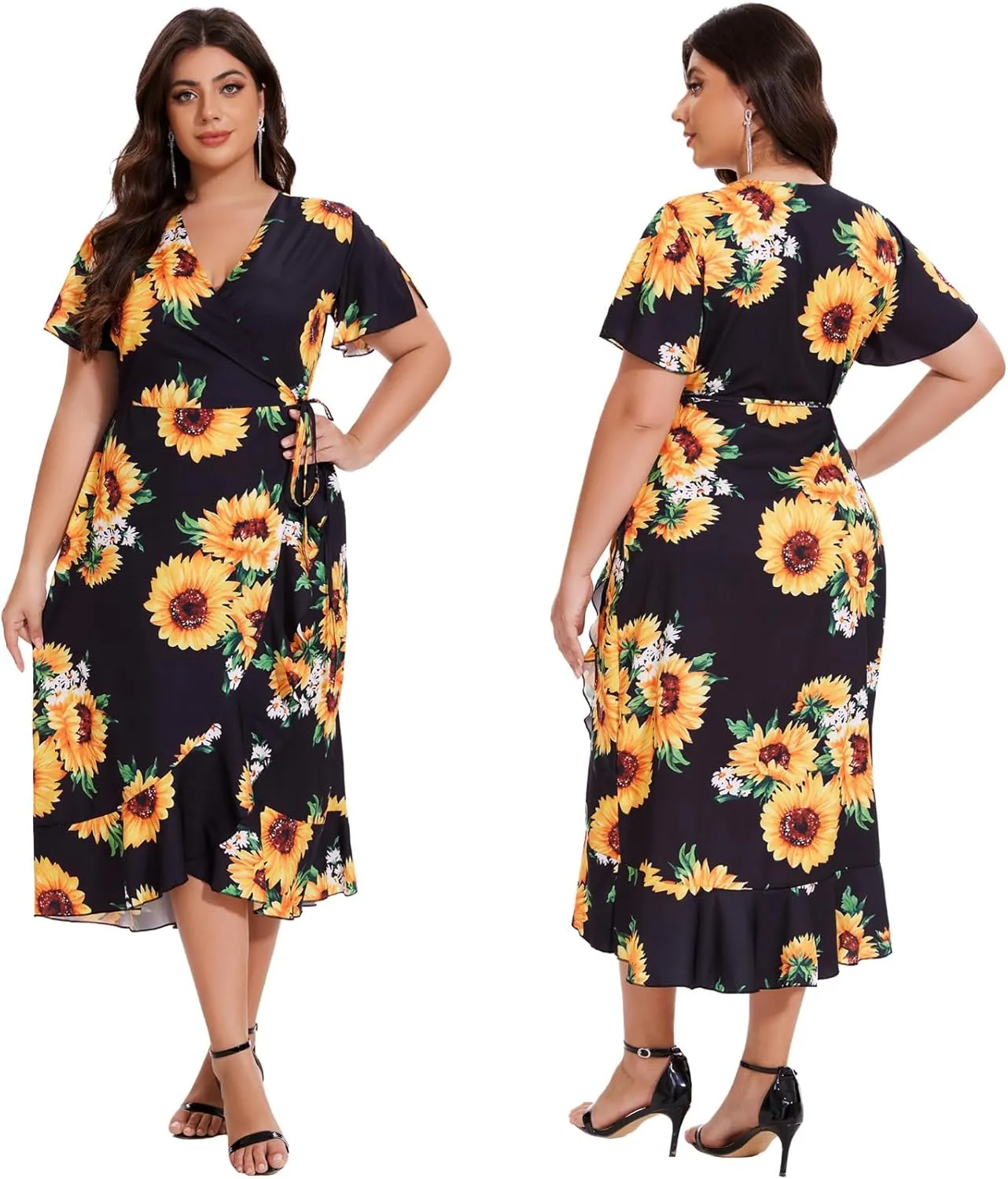 PaladMom Women's Casual Faux Wrap Maxi Dresses V Neck Short Sleeve Swing Flowy Ruffle Long Kimono Dress with Belt