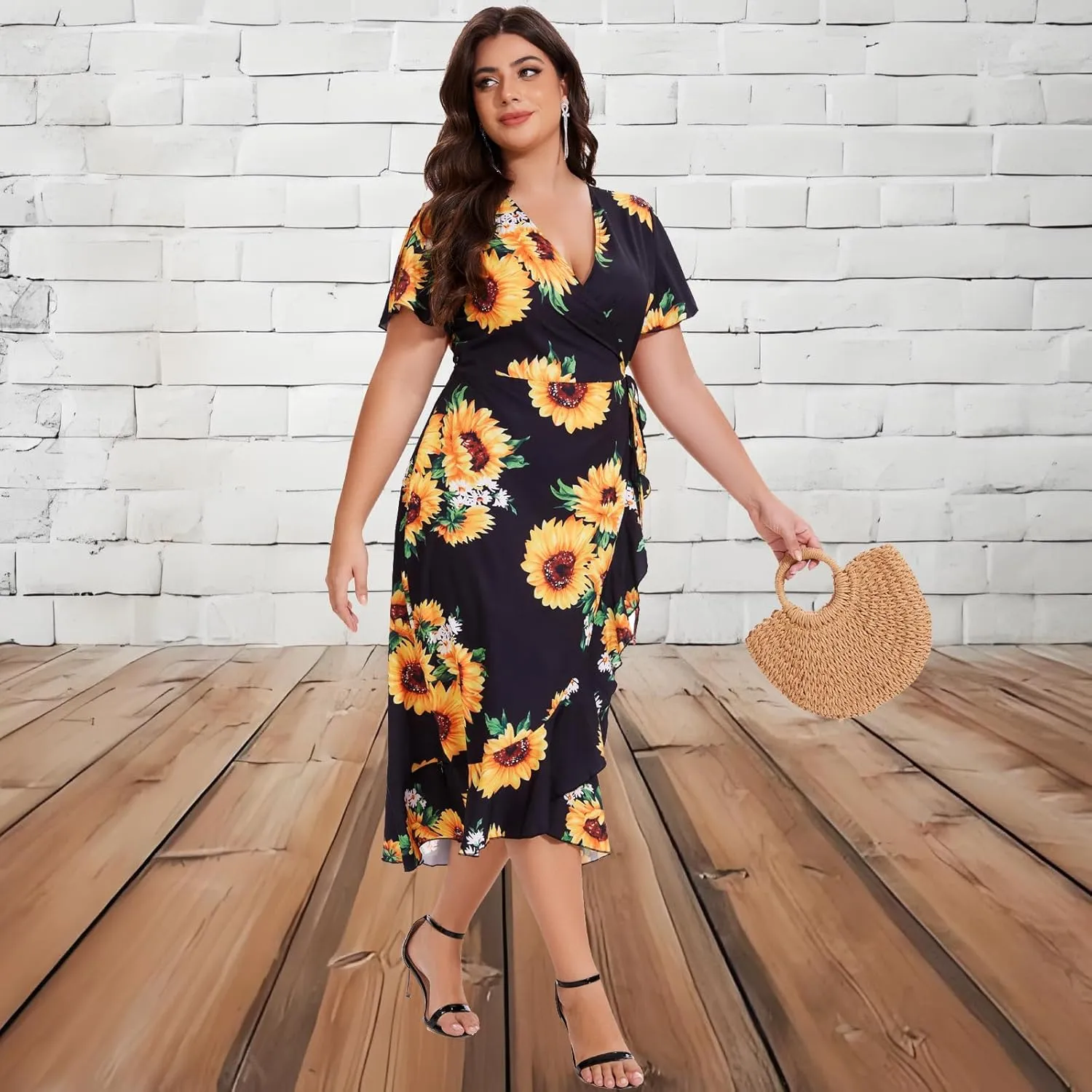 PaladMom Women's Casual Faux Wrap Maxi Dresses V Neck Short Sleeve Swing Flowy Ruffle Long Kimono Dress with Belt