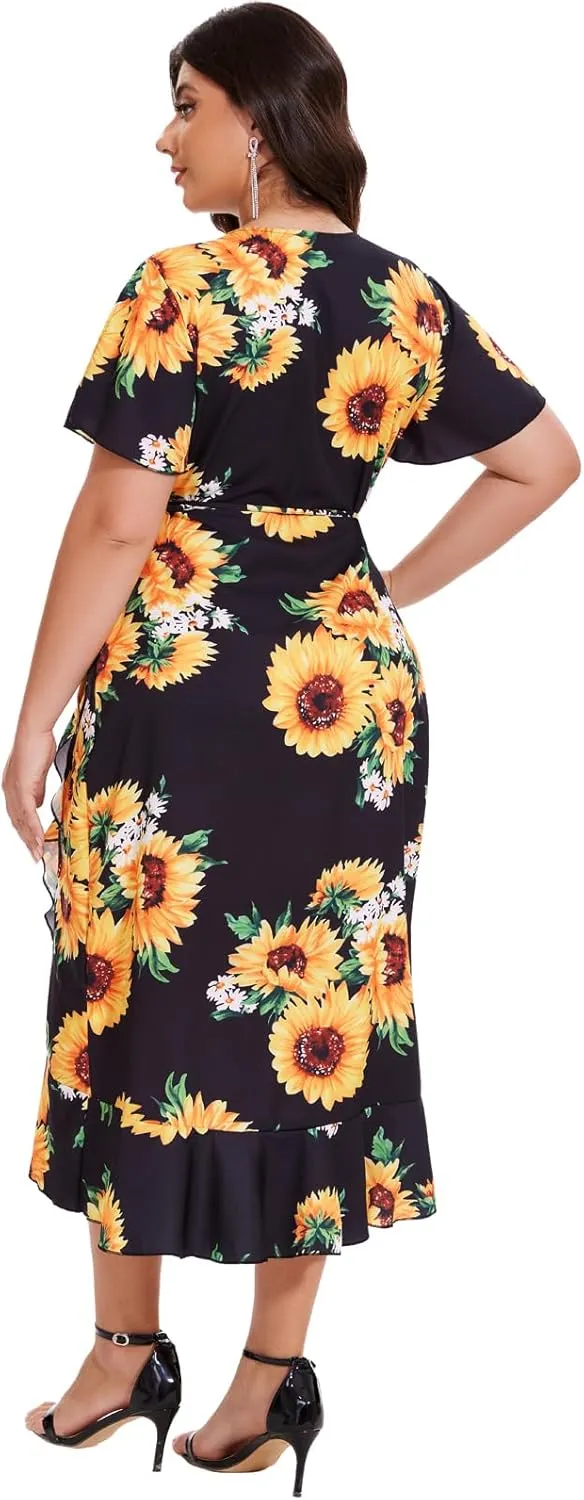 PaladMom Women's Casual Faux Wrap Maxi Dresses V Neck Short Sleeve Swing Flowy Ruffle Long Kimono Dress with Belt