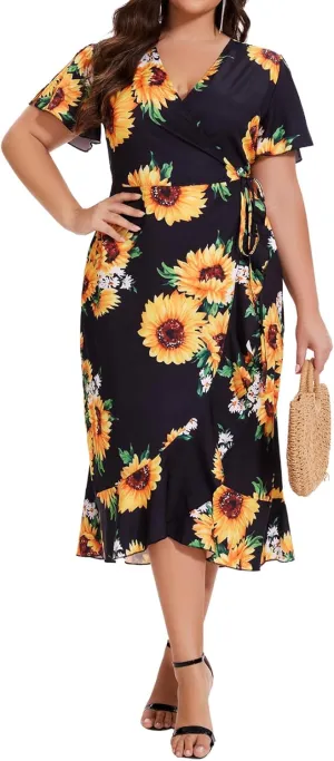PaladMom Women's Casual Faux Wrap Maxi Dresses V Neck Short Sleeve Swing Flowy Ruffle Long Kimono Dress with Belt