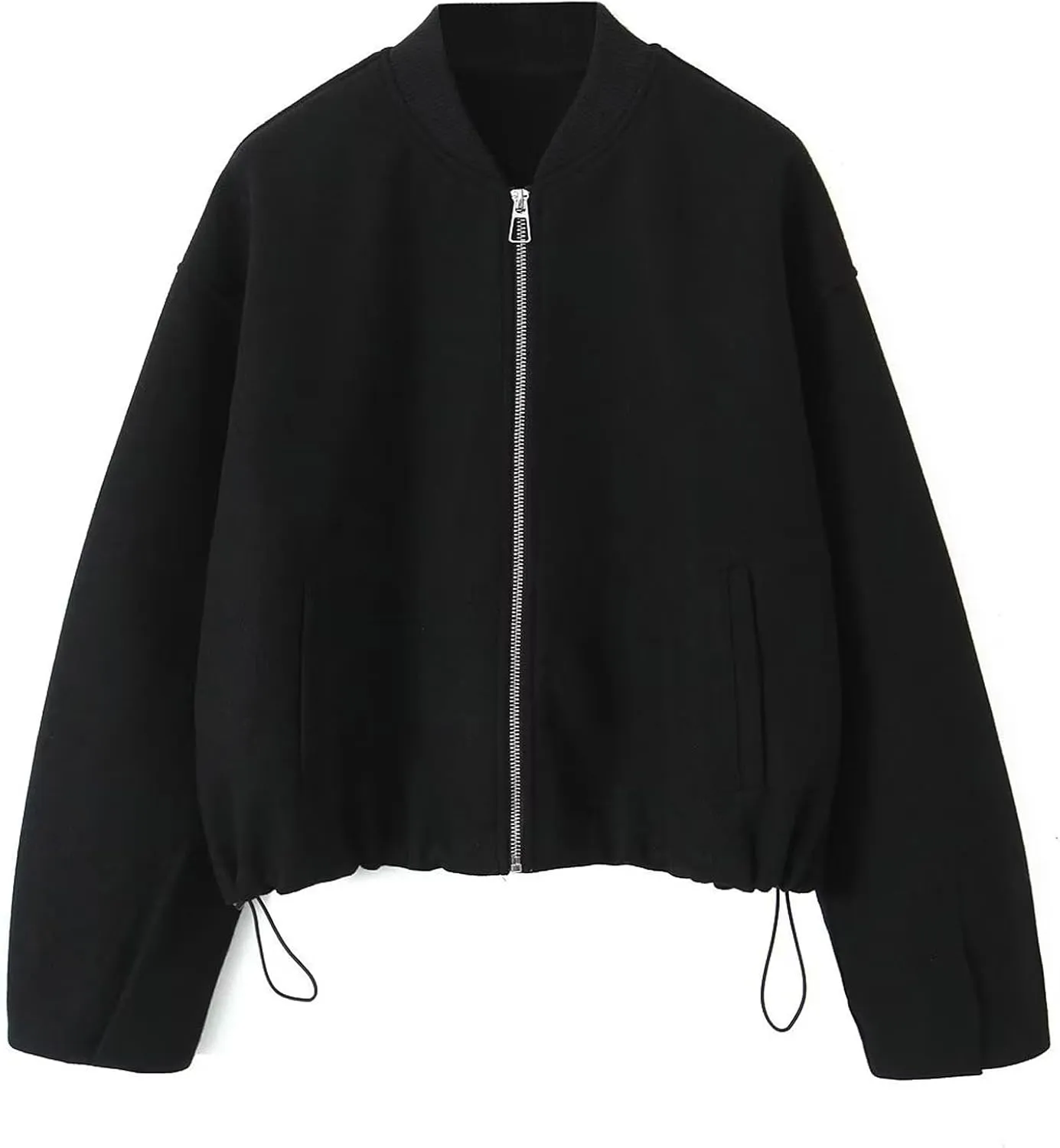 Perbai Women's Casual Oversized Wool Blend Bomber Jacket Zip Up Long Sleeve Varsity Coat with Pockets
