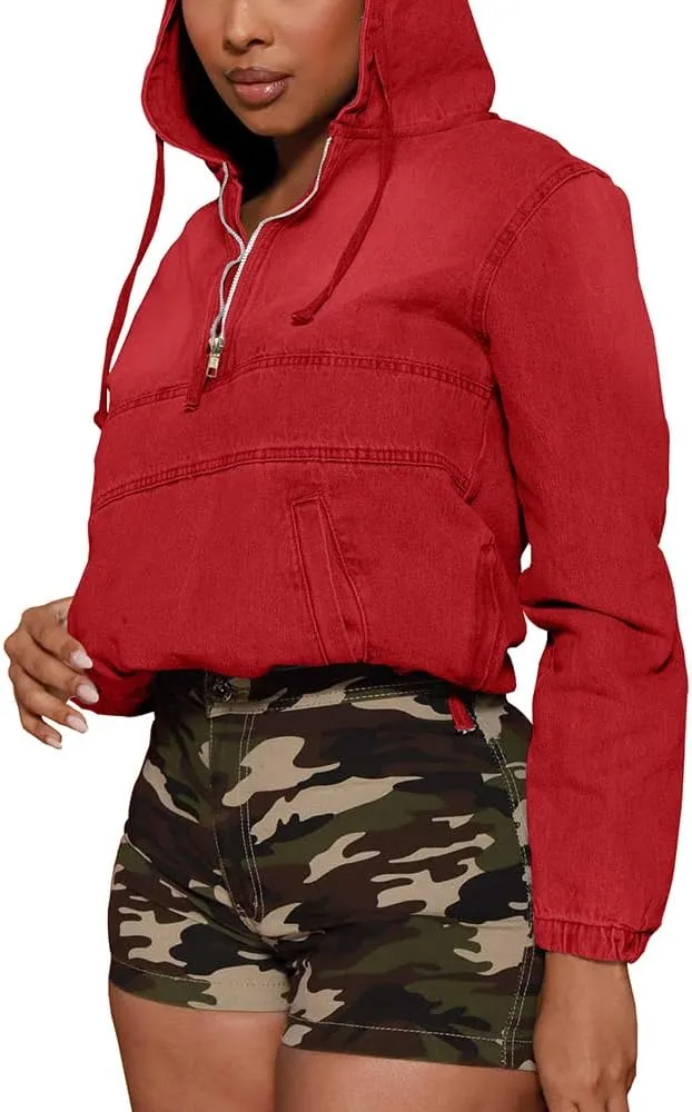 PINSV Women's Half Zip Sweatshirt Denim Hoodie Pullover Jacket Jean Tops
