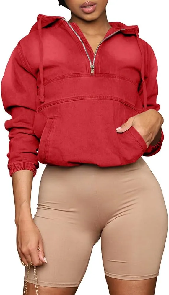PINSV Women's Half Zip Sweatshirt Denim Hoodie Pullover Jacket Jean Tops