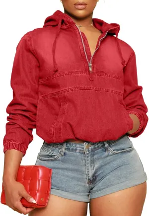 PINSV Women's Half Zip Sweatshirt Denim Hoodie Pullover Jacket Jean Tops