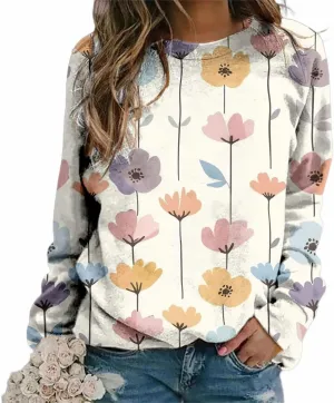 Plus Size Flower Tops for Women Oversized Long Sleeve Crewneck Graphic Sweatshirts Casual Floral Pullover Shirts