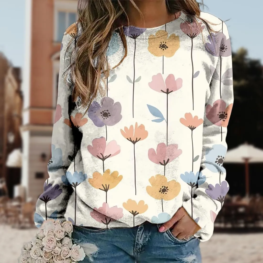Plus Size Flower Tops for Women Oversized Long Sleeve Crewneck Graphic Sweatshirts Casual Floral Pullover Shirts