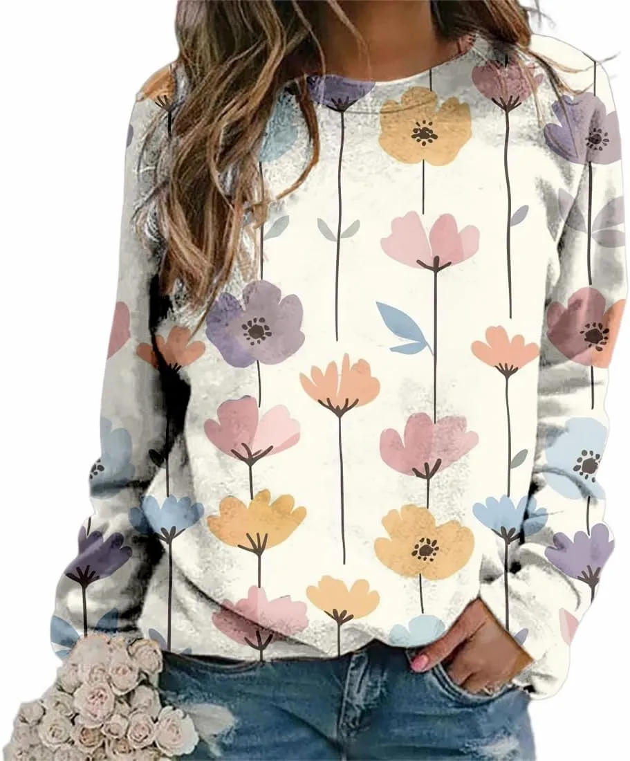 Plus Size Flower Tops for Women Oversized Long Sleeve Crewneck Graphic Sweatshirts Casual Floral Pullover Shirts