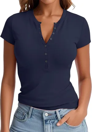 Prettywear Womens 2025 Summer Casual Basic Tops Short Sleeve V Neck Fitted Button Up Henley Shirts