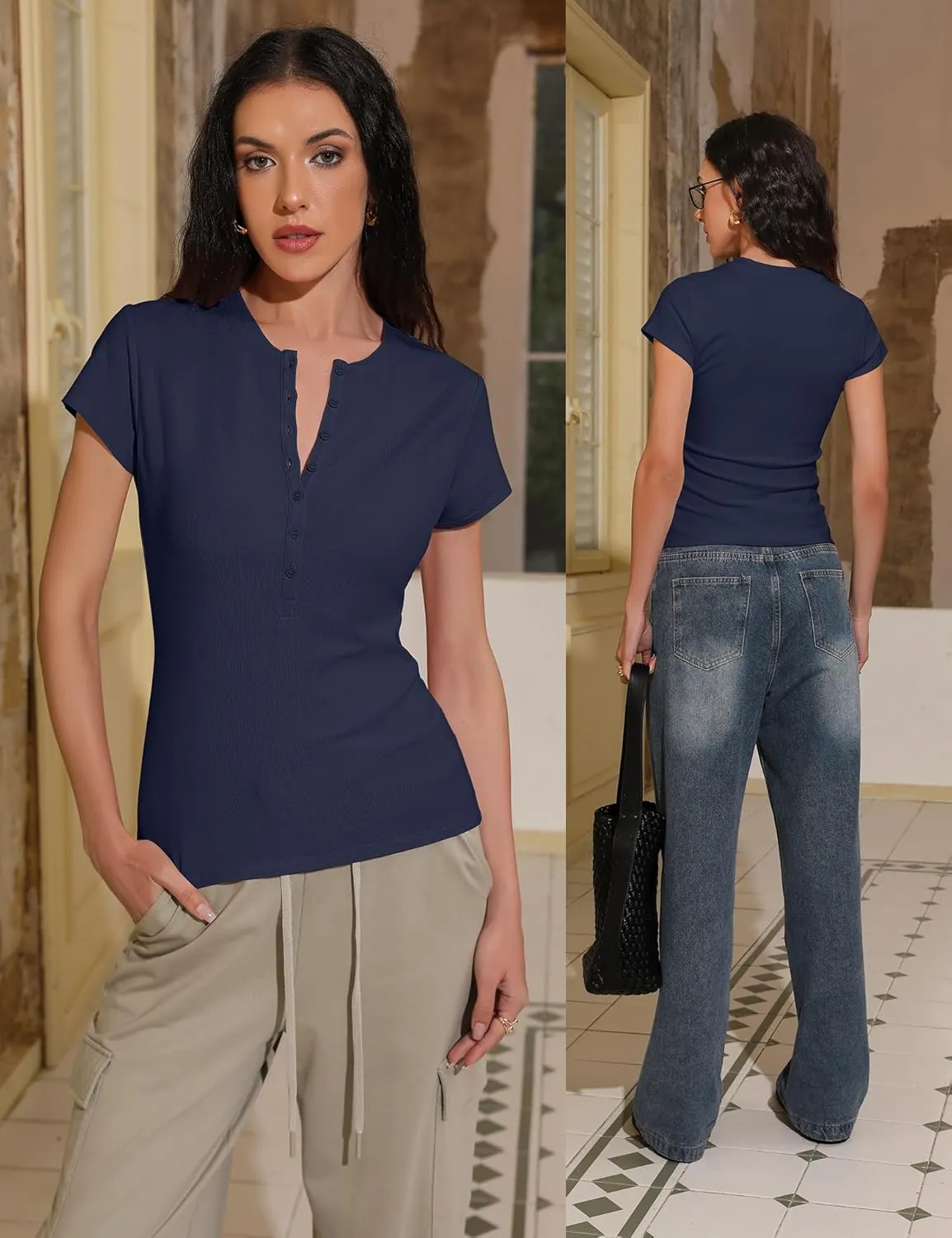 Prettywear Womens 2025 Summer Casual Basic Tops Short Sleeve V Neck Fitted Button Up Henley Shirts