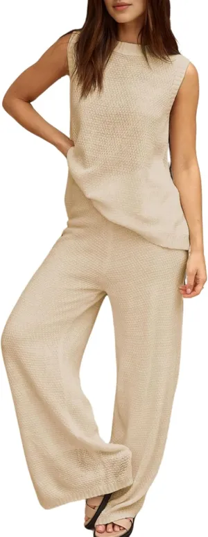 PUWEI Women's 2 Piece Lounge Set Bow Sweater Vest Wide Leg Pants Summer Matching Sets Travel Outfits Knit Tracksuit Sweatsuits (Apricot-M)