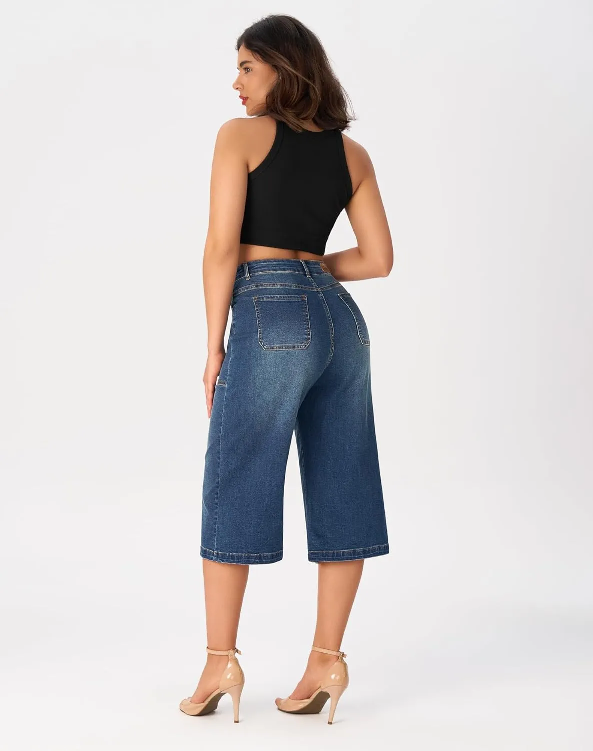 roswear Women’s Wide Leg Capri Pants Stretchy High Waisted Loose Denim Jeans