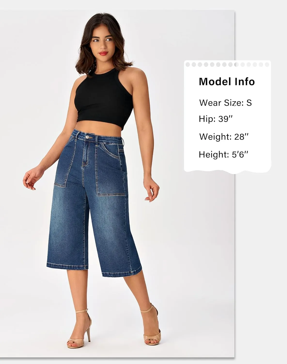 roswear Women’s Wide Leg Capri Pants Stretchy High Waisted Loose Denim Jeans