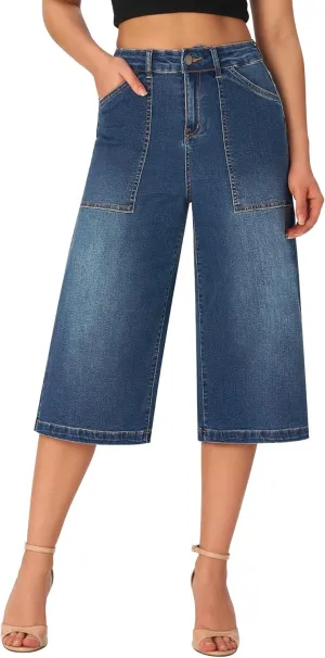 roswear Women’s Wide Leg Capri Pants Stretchy High Waisted Loose Denim Jeans