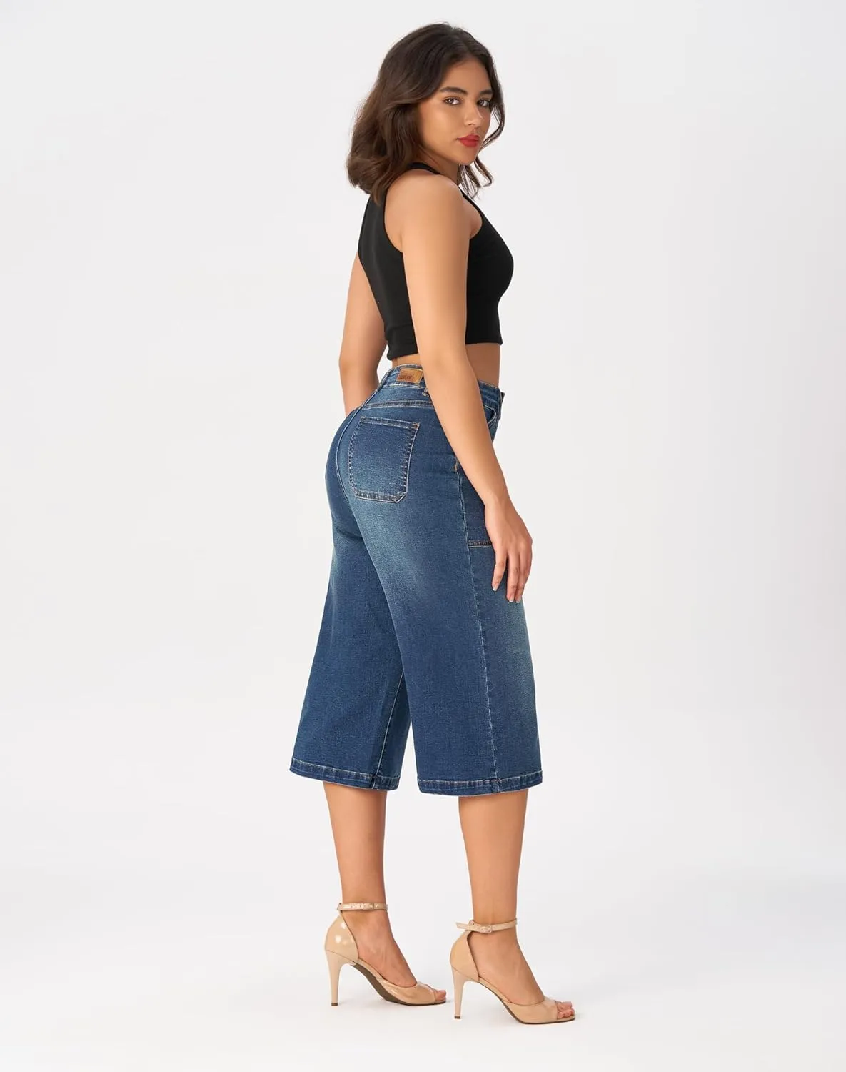 roswear Women’s Wide Leg Capri Pants Stretchy High Waisted Loose Denim Jeans