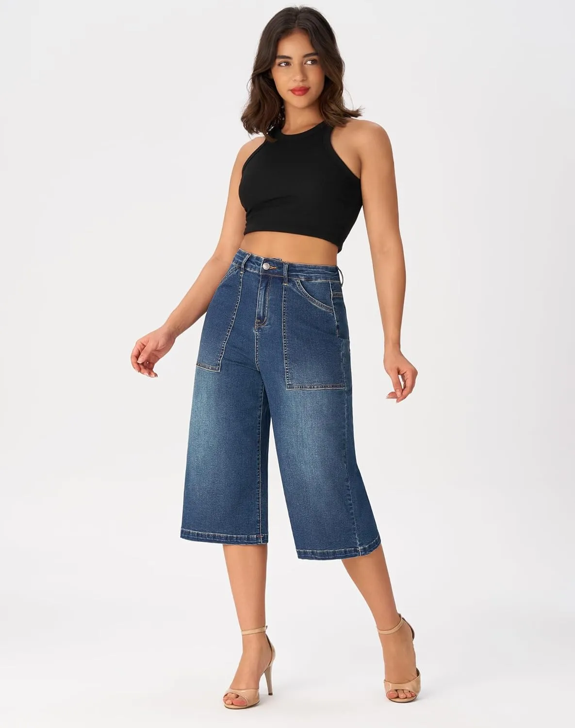roswear Women’s Wide Leg Capri Pants Stretchy High Waisted Loose Denim Jeans