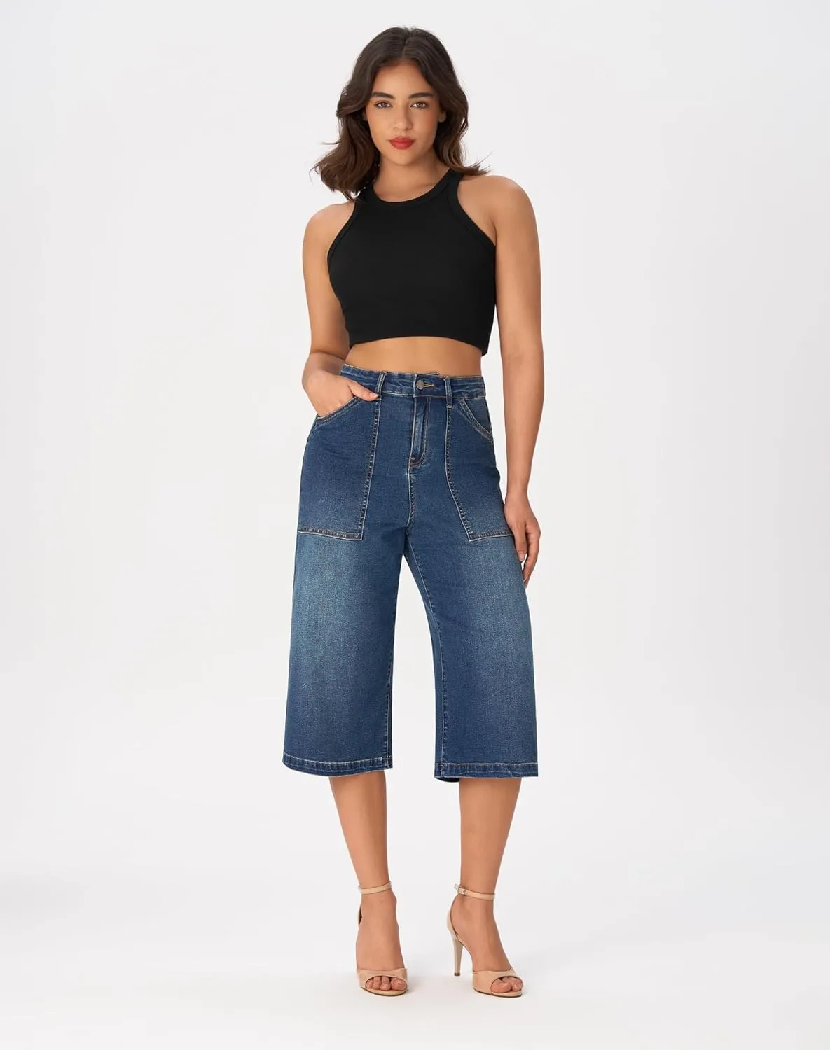 roswear Women’s Wide Leg Capri Pants Stretchy High Waisted Loose Denim Jeans