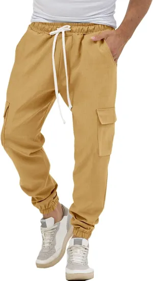 Runcati Mens Cargo Joggers Pants Casual Drawstring Waist Trousers Tapered Lightweight Pants with Pockets