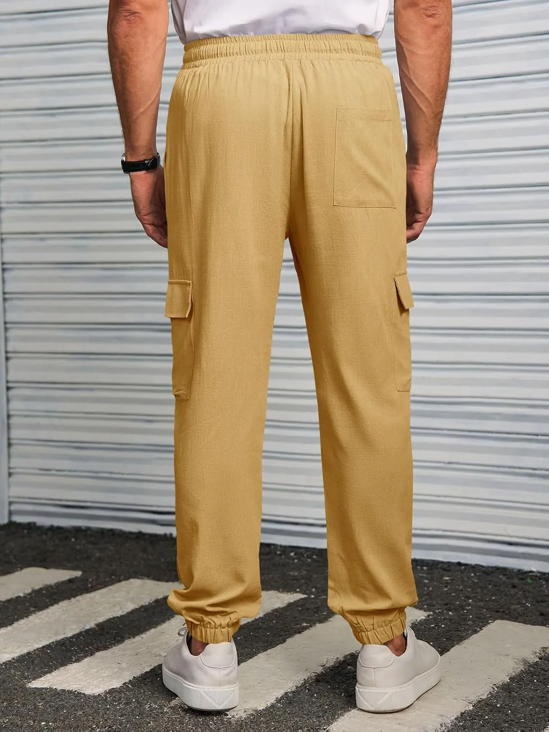 Runcati Mens Cargo Joggers Pants Casual Drawstring Waist Trousers Tapered Lightweight Pants with Pockets