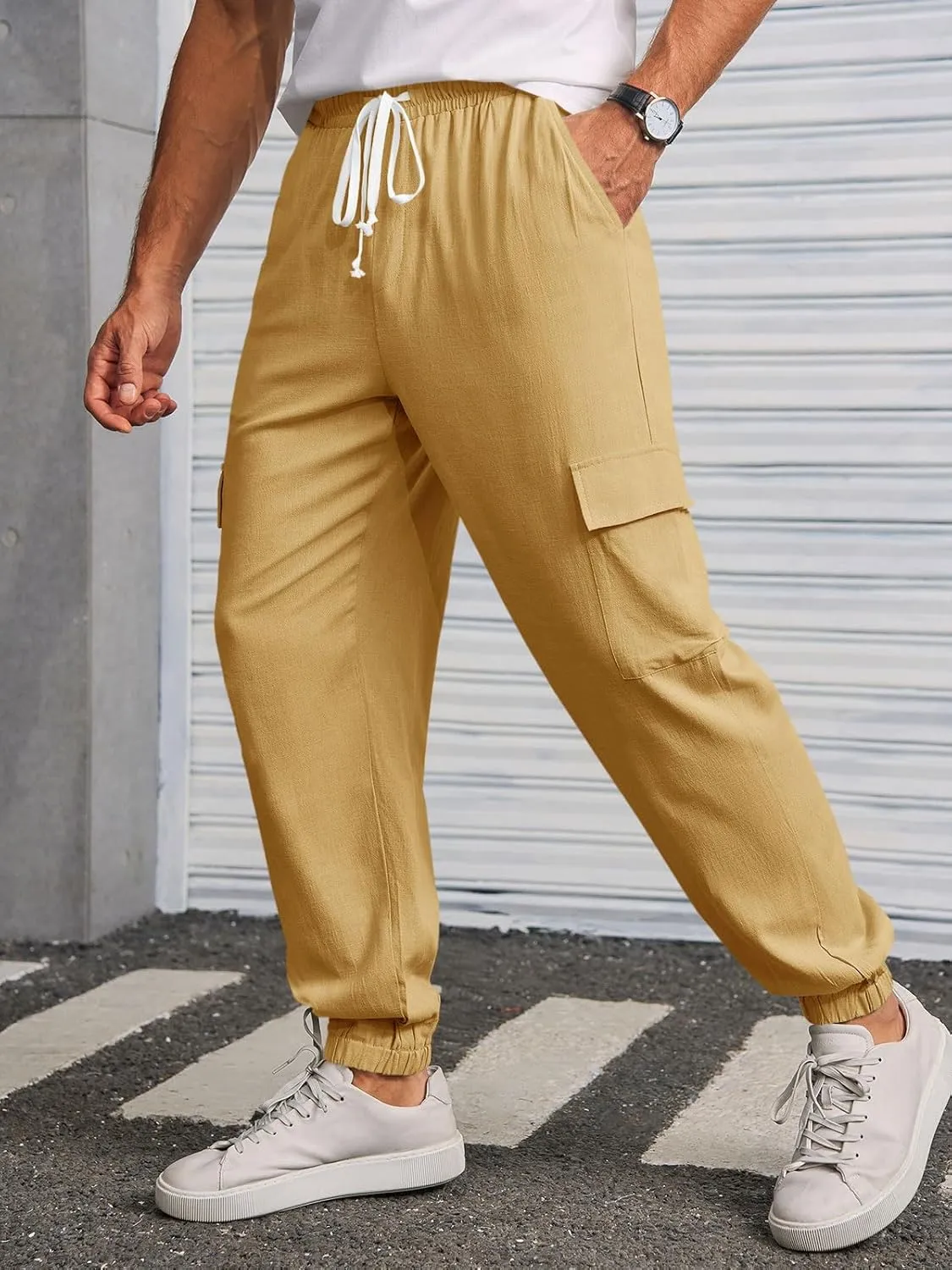 Runcati Mens Cargo Joggers Pants Casual Drawstring Waist Trousers Tapered Lightweight Pants with Pockets
