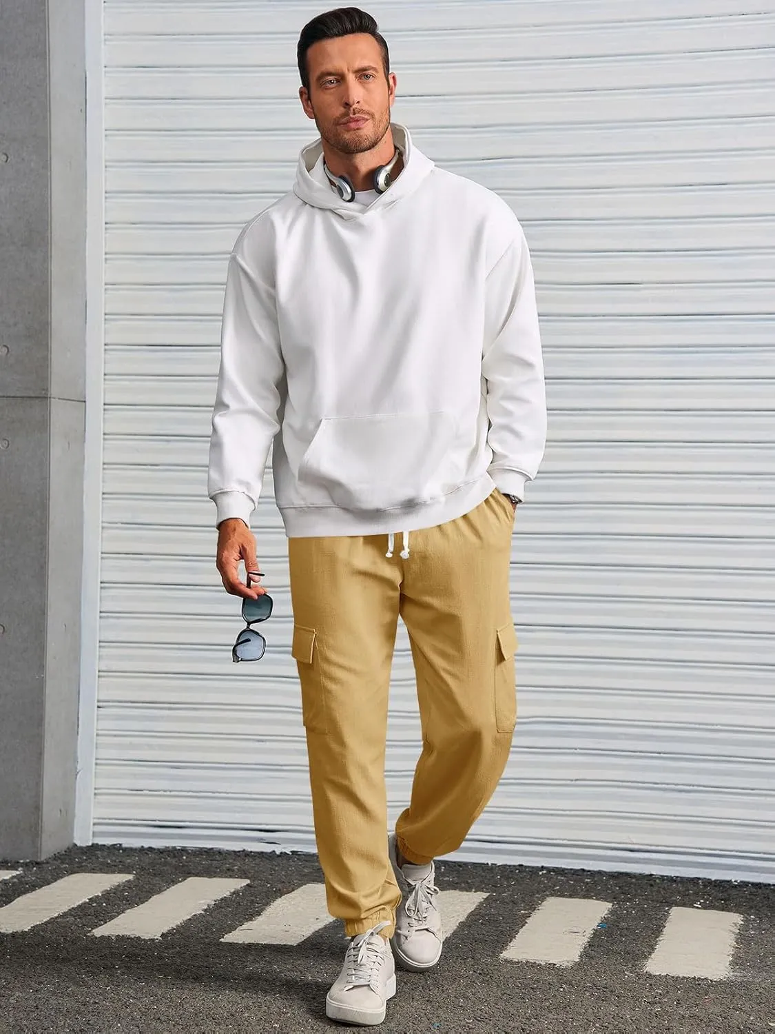 Runcati Mens Cargo Joggers Pants Casual Drawstring Waist Trousers Tapered Lightweight Pants with Pockets