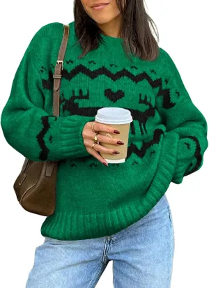 Saodimallsu Womens Oversized Christmas Sweaters Crewneck Chunky Reindeer Knit Long Sleeve Santa Xmas Pullover Sweater