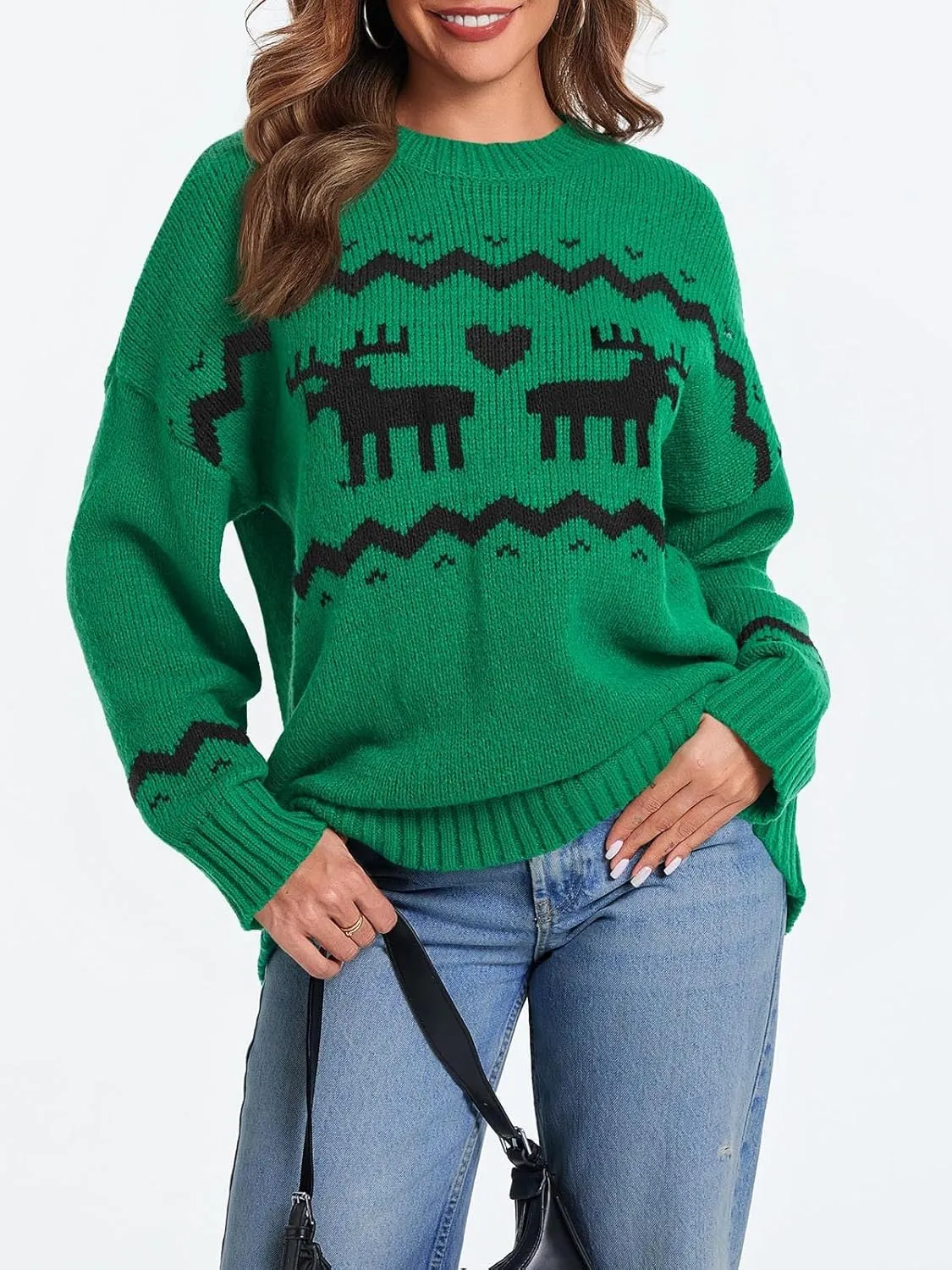 Saodimallsu Womens Oversized Christmas Sweaters Crewneck Chunky Reindeer Knit Long Sleeve Santa Xmas Pullover Sweater