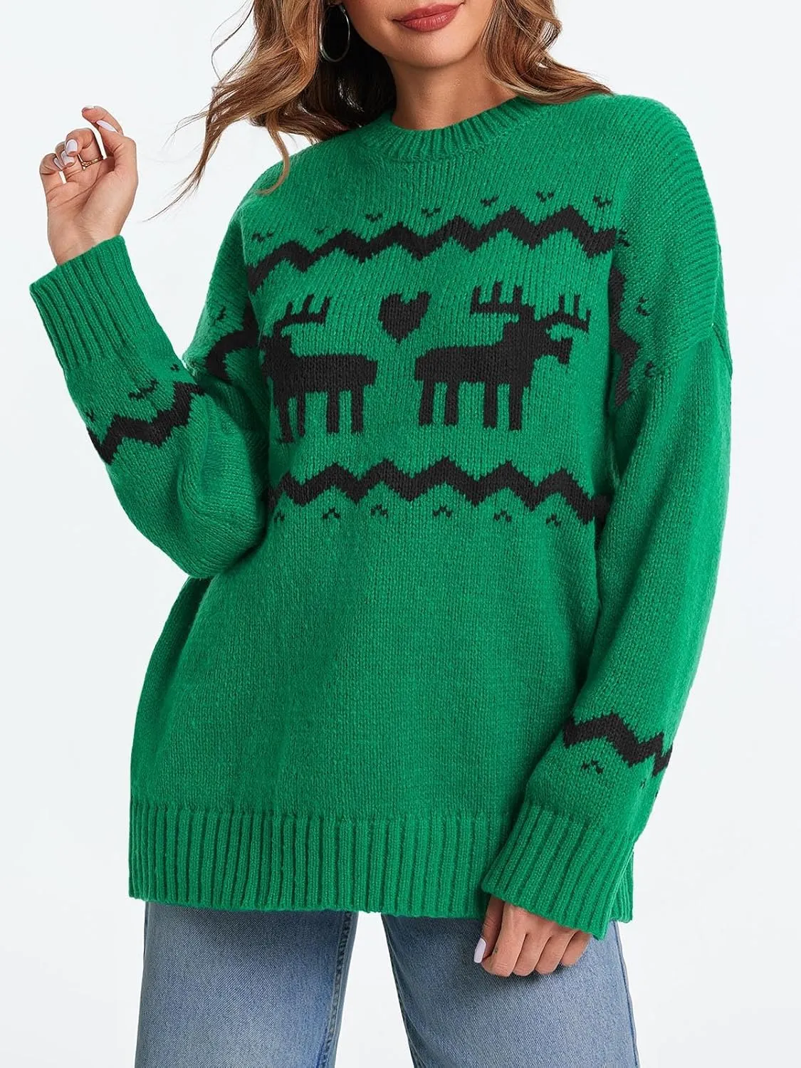Saodimallsu Womens Oversized Christmas Sweaters Crewneck Chunky Reindeer Knit Long Sleeve Santa Xmas Pullover Sweater