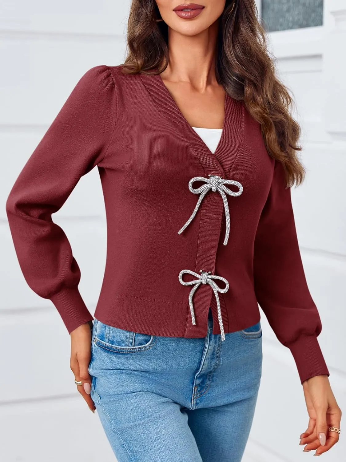 Saodimallsu Womens Puff Long Sleeve Sweaters V Neck Cropped Bow Button Front Cozy Knit Cardigan Sweater Tops