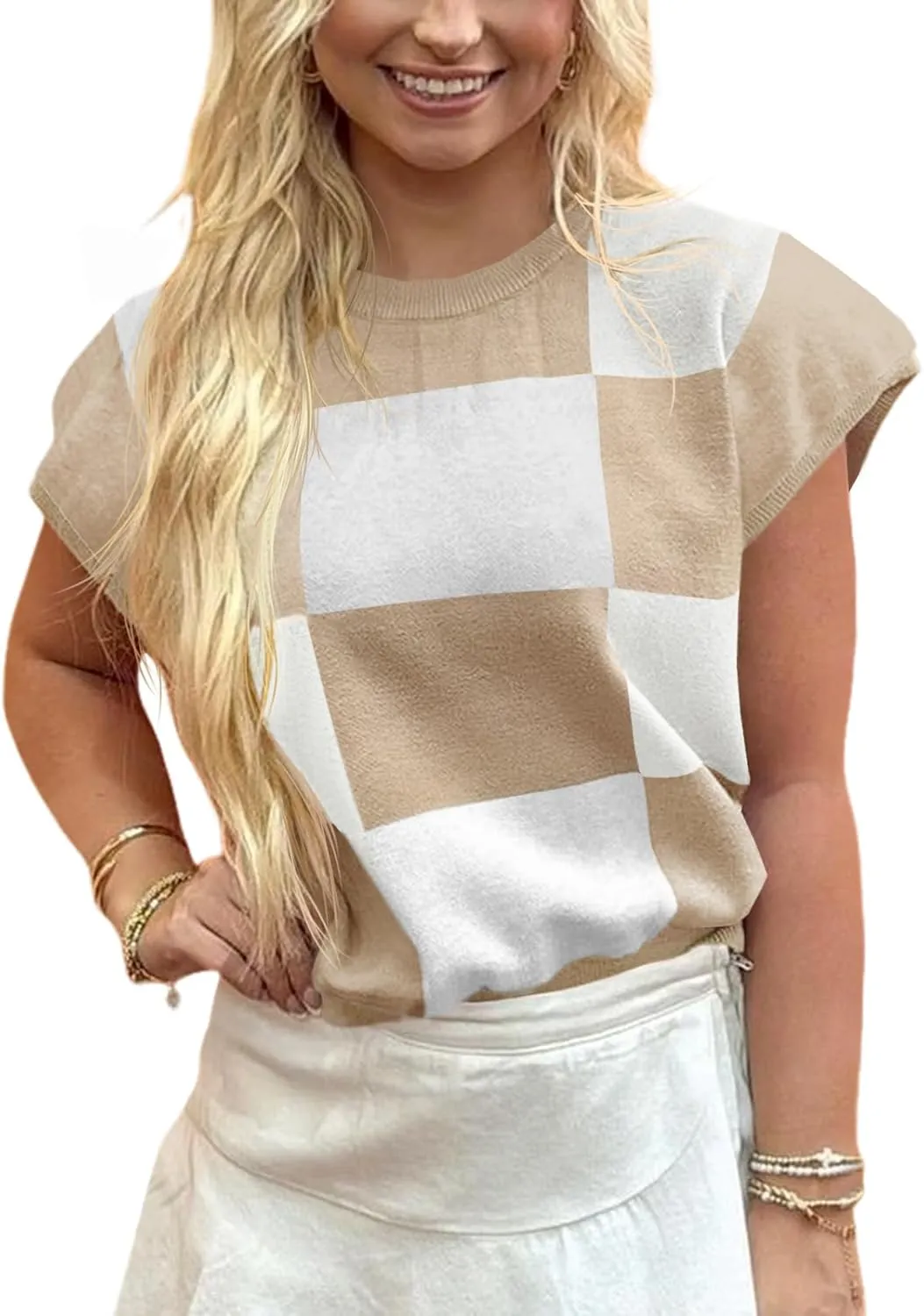 Saodimallsu Womens Short Sleeve Sweater Top Summer Color Block Lightweight Knit Crewneck Going Out Pullover Tops
