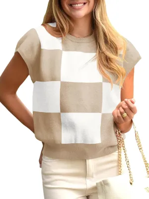 Saodimallsu Womens Short Sleeve Sweater Top Summer Color Block Lightweight Knit Crewneck Going Out Pullover Tops
