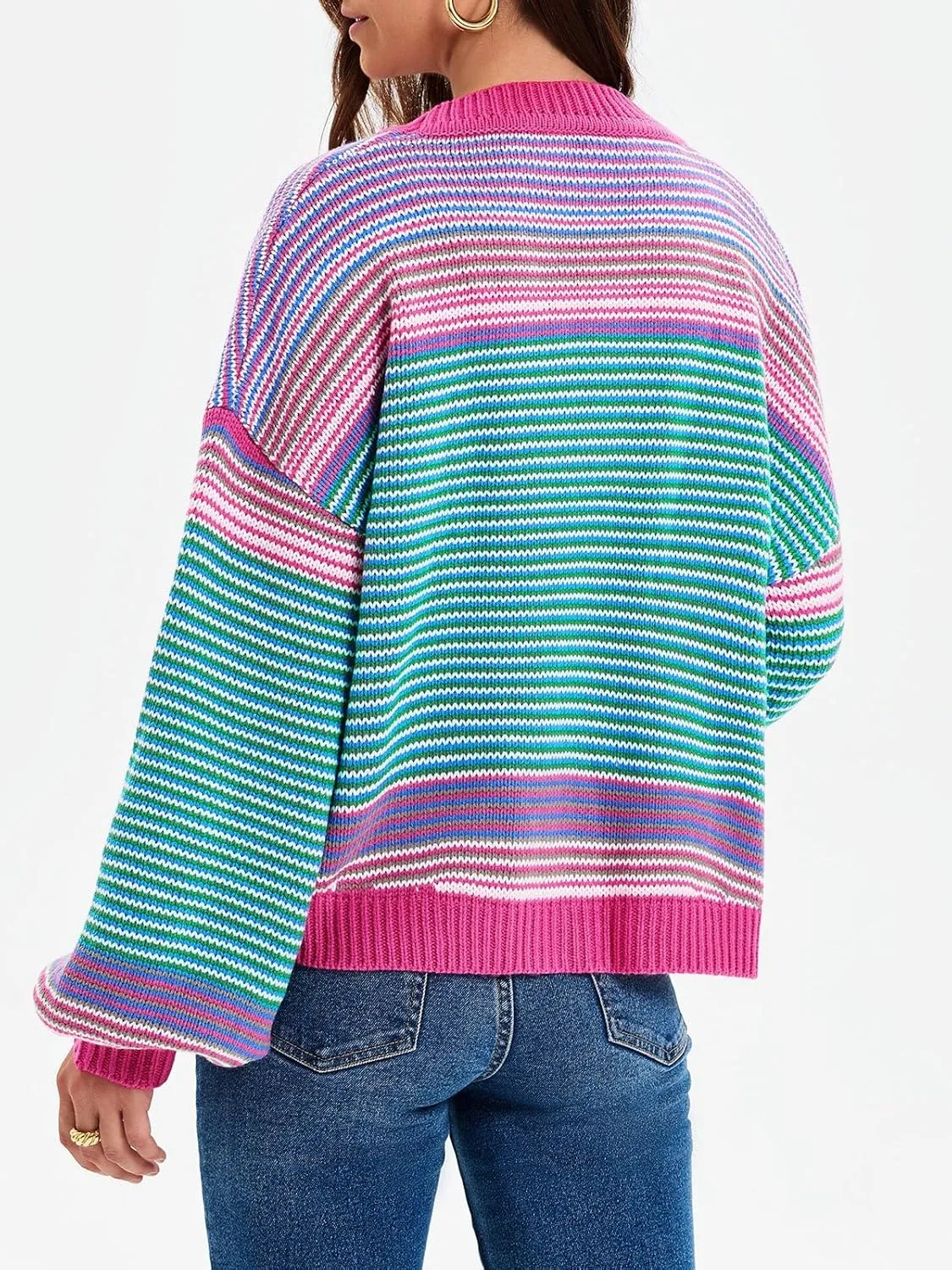 Saodimallsu Womens Striped Cardigan Sweaters Oversized Puff Sleeve Button Up V Neck Color Block Knit Sweater Coat
