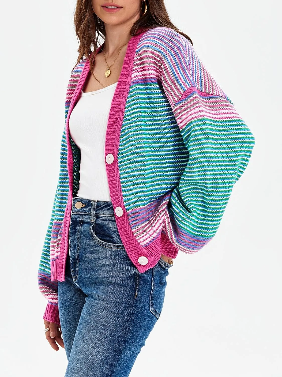 Saodimallsu Womens Striped Cardigan Sweaters Oversized Puff Sleeve Button Up V Neck Color Block Knit Sweater Coat