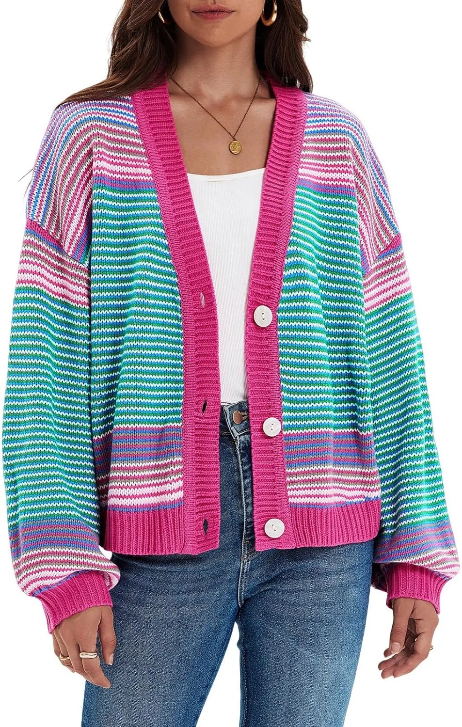 Saodimallsu Womens Striped Cardigan Sweaters Oversized Puff Sleeve Button Up V Neck Color Block Knit Sweater Coat