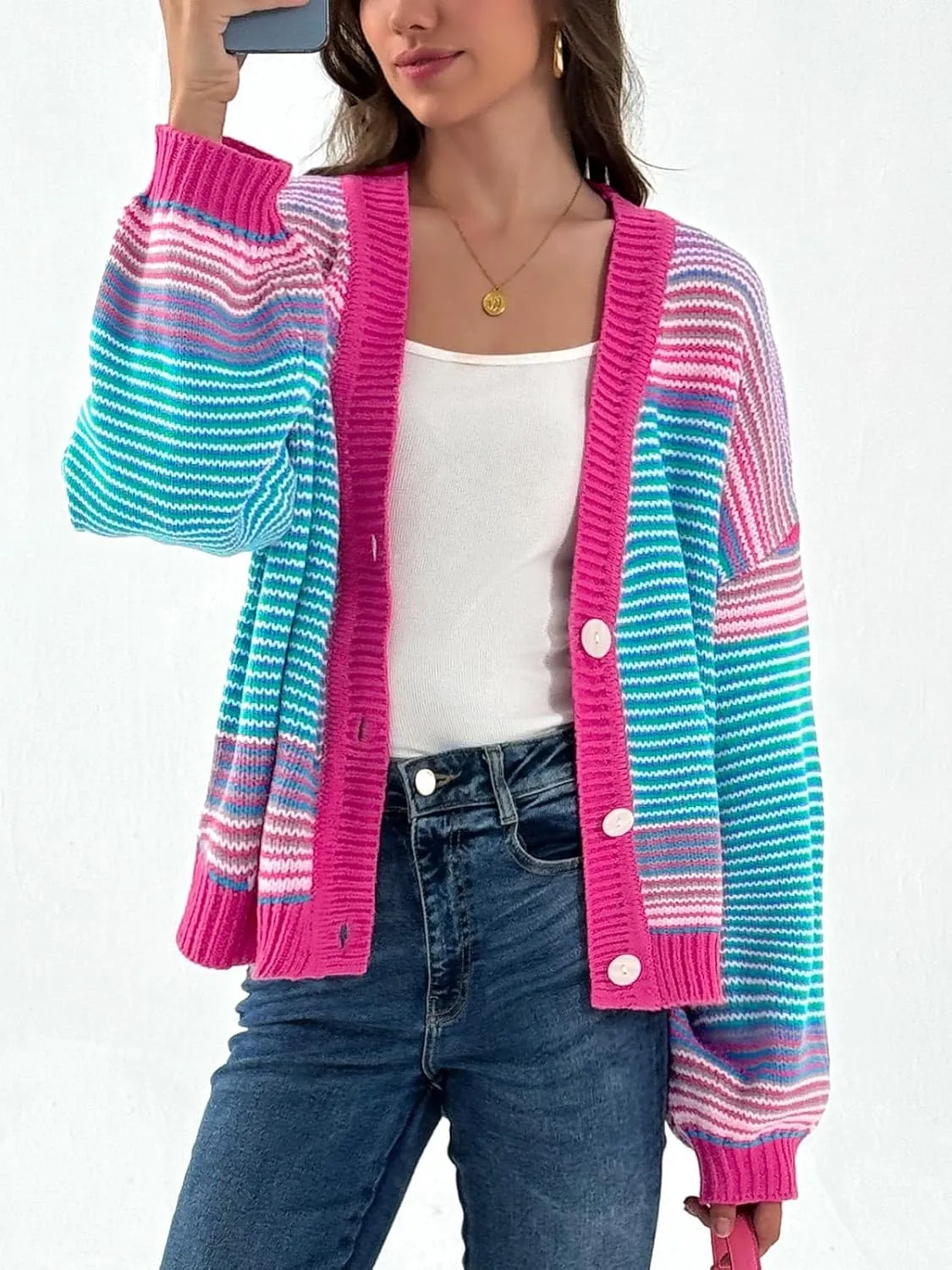 Saodimallsu Womens Striped Cardigan Sweaters Oversized Puff Sleeve Button Up V Neck Color Block Knit Sweater Coat
