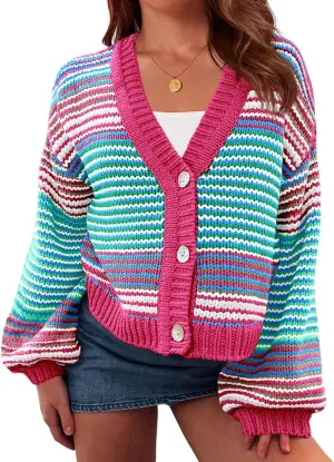 Saodimallsu Womens Striped Cardigan Sweaters Oversized Puff Sleeve Button Up V Neck Color Block Knit Sweater Coat
