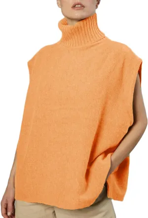 Sdencin Women Turtleneck Oversized Knitted Sweater Vest Sleeveless Split Hem Solid Loose Fit Pullover Tank Top Knitwear