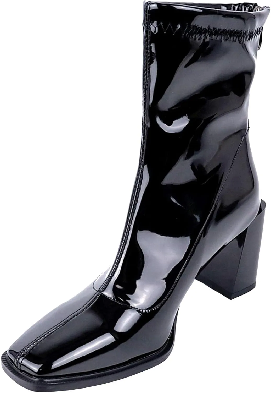 Seborluys Women's Patent Leather Square Toe Ankle Boots Stretch Block Heeled Zip Up Booties