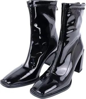 Seborluys Women's Patent Leather Square Toe Ankle Boots Stretch Block Heeled Zip Up Booties