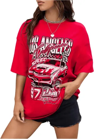 SHENHE Women's Summer Graphic T Shirt Tops Short Sleeve Letter Drop Shoulder Crewneck Shirts Top
