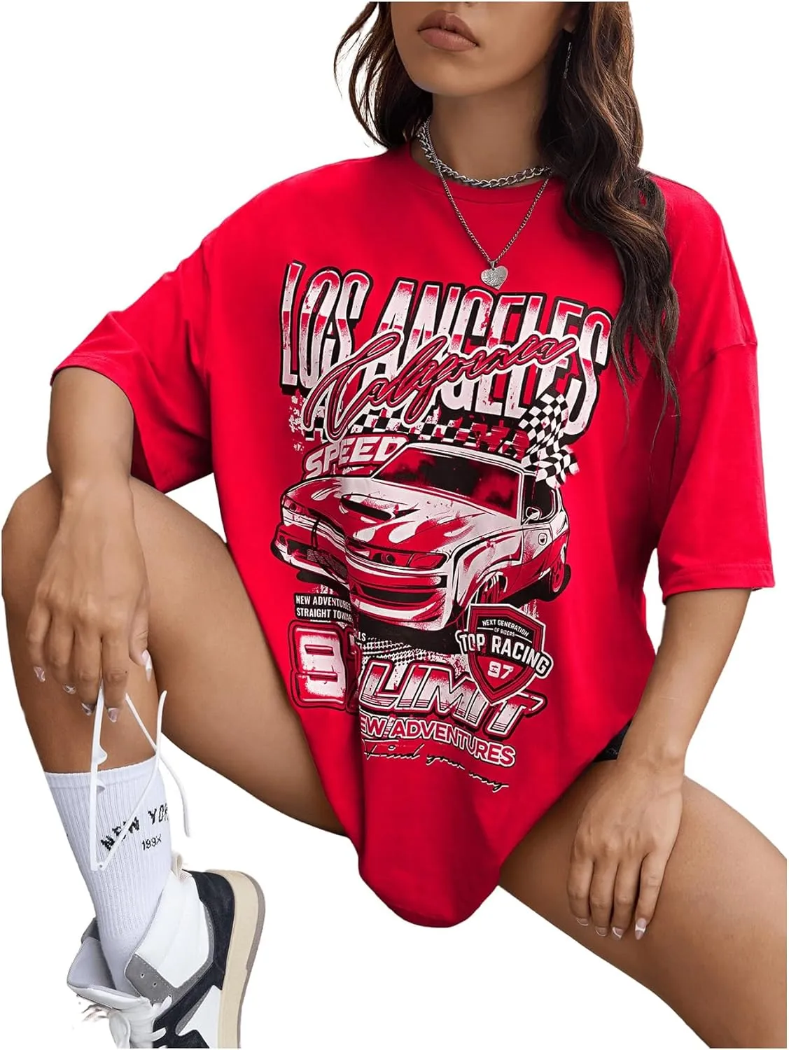 SHENHE Women's Summer Graphic T Shirt Tops Short Sleeve Letter Drop Shoulder Crewneck Shirts Top
