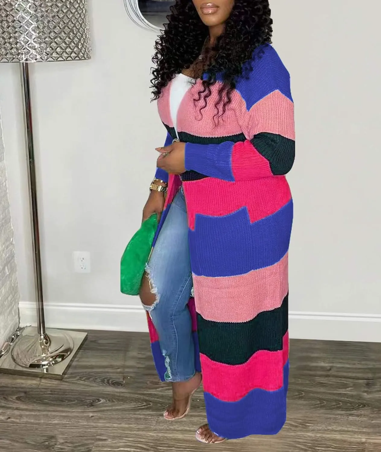 SOMTHRON Women's Fall Cardigan Sweater Open Front Color Block Striped Knit Long Draped Coat Duster Outerwear