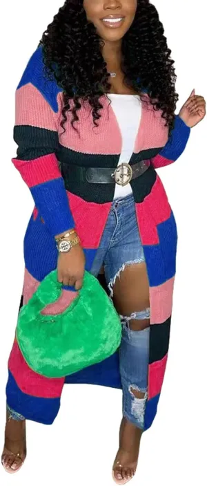 SOMTHRON Women's Fall Cardigan Sweater Open Front Color Block Striped Knit Long Draped Coat Duster Outerwear