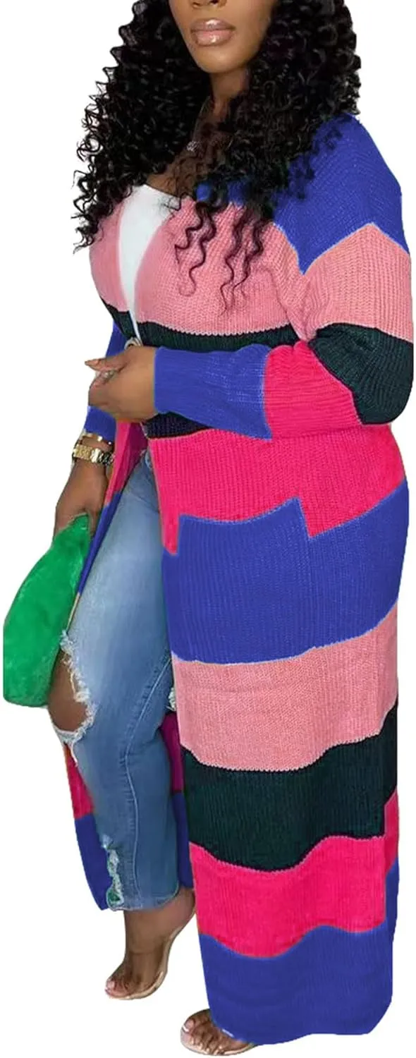 SOMTHRON Women's Fall Cardigan Sweater Open Front Color Block Striped Knit Long Draped Coat Duster Outerwear