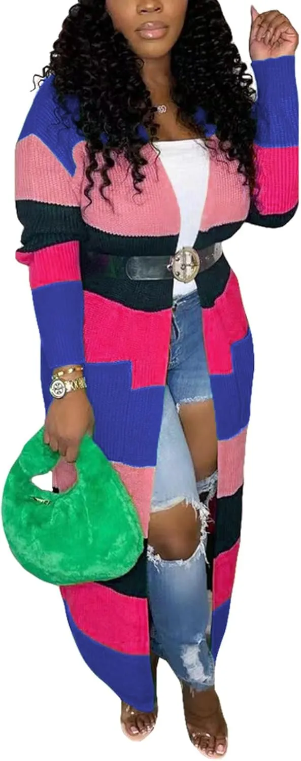 SOMTHRON Women's Fall Cardigan Sweater Open Front Color Block Striped Knit Long Draped Coat Duster Outerwear