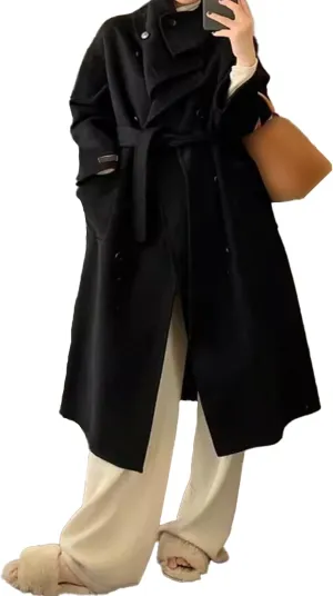 SOMTHRON Women's Winter Trench Coat Wool Blend Double Breasted Stand Collar Belted Jacket Mid Long Pea Coat Overcoat