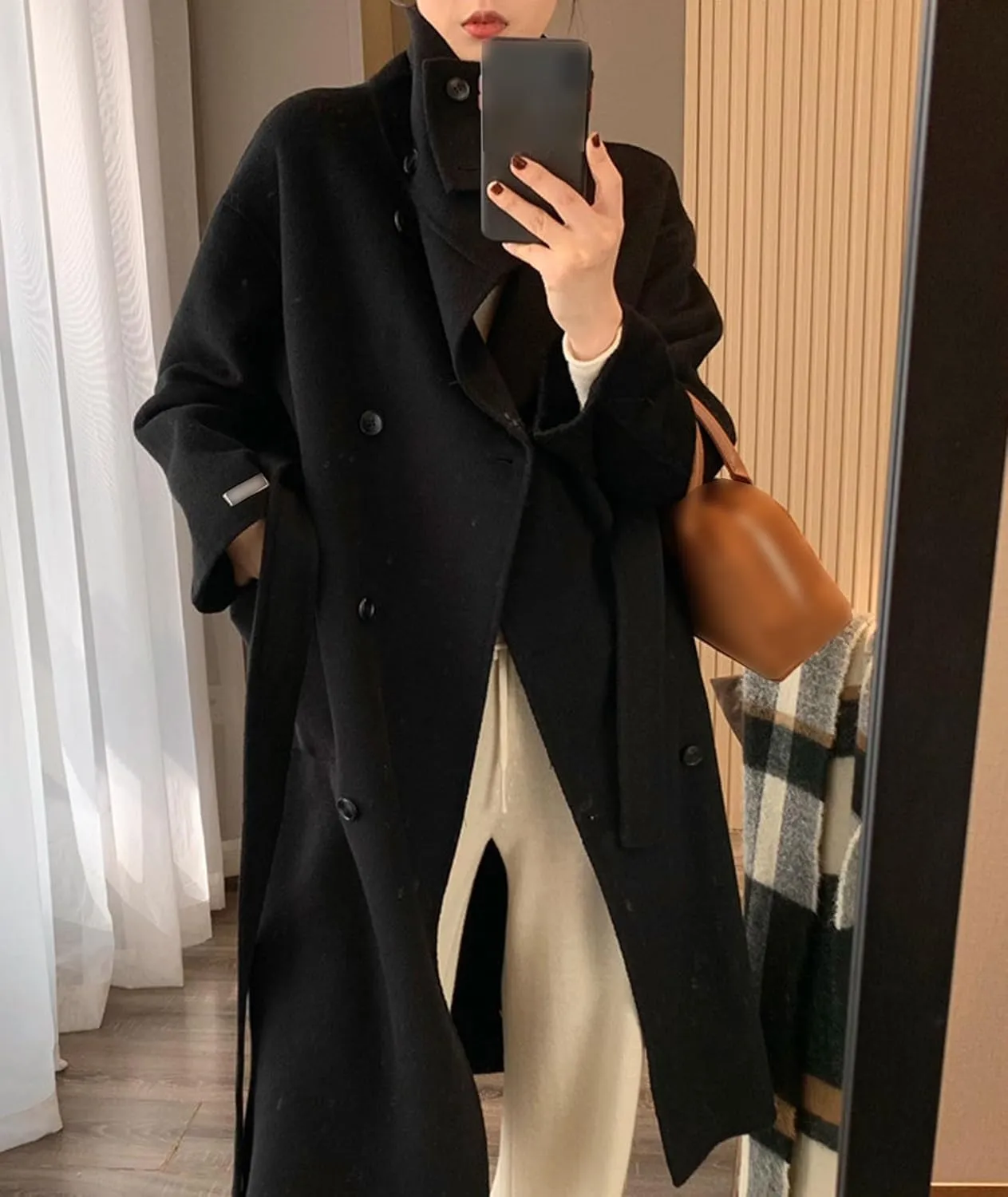 SOMTHRON Women's Winter Trench Coat Wool Blend Double Breasted Stand Collar Belted Jacket Mid Long Pea Coat Overcoat